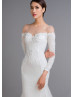 Long Sleeve Beaded Ivory Lace Satin Sheer Back Wedding Dress
